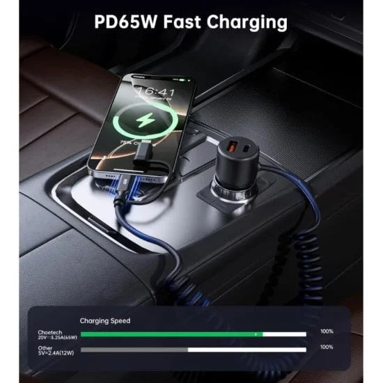 Choetech PD65W USB-C+USB-A Fast Car Charger with Coiled Cable - Black
